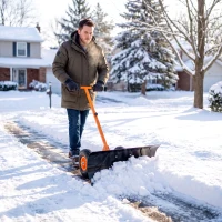 Outsunny Snow Shovel, Rolling Pusher with 29" Blade, 10" Wheels & Angle-Adjustable Handle, Orange(m-9)