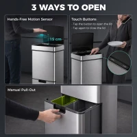 HOMCOM Sensor Trash Can, 19 Gallon Stainless Steel Kitchen Garbage Can with 3 Compartments, Removable Inner Buckets, Silver(m-4)