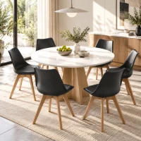 HOMCOM Modern Dining Table Chairs Set of 6, Rubber Wood Kitchen Table Chairs with PU Leather Cushion for Living Room, Bedroom(m-8)