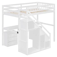 Chic Twin Loft Bed with Desk and 7-Color LED Lights, Space-Saving Storage Bed with 2 Drawers and Stairs, 79" L x 59.5" W x 68" H, White(m-14)