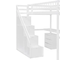 Chic Twin Loft Bed with Desk and 7-Color LED Lights, Space-Saving Storage Bed with 2 Drawers and Stairs, 79" L x 59.5" W x 68" H, White(m-10)