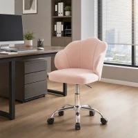 HOMCOM Task Desk Chair, Petal Office Chair with Swivel Wheels with Wide Seat, Velvet, Adjustable Height, Pink(m-1)