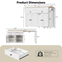 Chic Rolling Kitchen Island with Extendable Dining Table, Space-Saving Storage Cart with 4 Doors and 2 Drawers, 74.5" L x 19.5" W x 36" H, Off White(m-3)