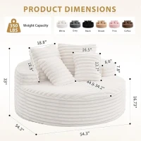 Plush Oversized Round Lounge Chair with Segmented Backrest, Velour Sofa with 4 Pillows and No Assembly, 54.5'' L x 54.5" W x 33" H, White(m-3)