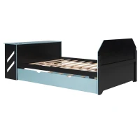 Sleek Full-Size Daybed with Twin Trundle and Desk, Modern Gaming Bed with USB Port and Cable Management, 92" L x 58" W x 35.5" H, Blue(m-13)