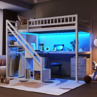 Chic Twin Loft Bed with Desk and 7-Color LED Lights, Space-Saving Storage Bed with 2 Drawers and Stairs, 79" L x 59.5" W x 68" H, White(m-5)