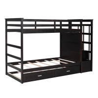 Elegant Twin-over-Twin Bunk Bed with Trundle and 4 Storage Drawers, Sturdy Bed with Staircase and Slat Kit, 97" L x 42.5" W x 65.5" H, Espresso(m-11)
