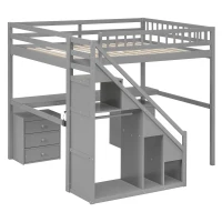 Elegant Full-Size Loft Bed with Desk and 2 Drawers, Chic Storage Bed with Side Staircase and LED Light, 79" L x 74.5" W x 68" H, Gray(m-11)