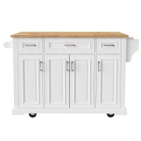 Farmhouse Rolling Kitchen Island with Rubberwood Drop Leaf, Spacious Storage Cart with 4 Doors and 3 Drawers, 54" L x 29.5" W x 36" H, White(m-14)