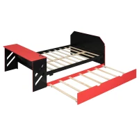 Sleek Full-Size Daybed with Twin Trundle and Desk, Modern Gaming Bed with USB Port and Cable Management, 92" L x 58" W x 35.5" H, Red(m-12)