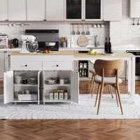 Chic Rolling Kitchen Island with Extendable Dining Table, Space-Saving Storage Cart with 4 Doors and 2 Drawers, 74.5" L x 19.5" W x 36" H, Off White(m-4)