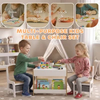 Qaba 3pc Kids Table and Chair Set with Reversible Tabletop Blackboard, Storage & Bookshelves, Natural(m-6)