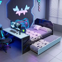 Sleek Full-Size Daybed with Twin Trundle and Desk, Modern Gaming Bed with USB Port and Cable Management, 92" L x 58" W x 35.5" H, Blue(m-5)