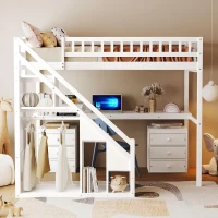 Chic Twin Loft Bed with Desk and 7-Color LED Lights, Space-Saving Storage Bed with 2 Drawers and Stairs, 79" L x 59.5" W x 68" H, White(m-1)