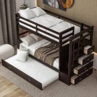 Elegant Twin-over-Twin Bunk Bed with Trundle and 4 Storage Drawers, Sturdy Bed with Staircase and Slat Kit, 97" L x 42.5" W x 65.5" H, Espresso(m-5)