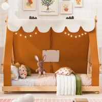 Whimsical Twin House Bed with Detachable Tent and Skylight, Sturdy Kids Wooden Platform Bed with 8 Slats, 79.5" L x 41" W x 63" H, Brown(m-1)