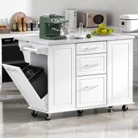 Vintage Rolling Kitchen Island with Drop-Leaf Countertop, Multifunctional Storage Cart with Tilt-Out Trash Bin, 50.5" L x 26.5" W x 35.5" H, White(m-4)