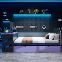 Modern Full-Size Daybed with Twin Trundle and Desk, Sturdy Sofa Bed with USB Port and Cable Management, 92" L x 58" W x 35.5" H, Purple(m-1)