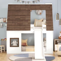 Chic Wood House Bunk Bed with Roof, Ladder and Slide, Kid-Friendly Twin Bed for Bedroom Kids Room, 78.5" L x 41.5" W x 81.5" H, White+Brown(m-4)