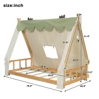 Whimsical Twin House Bed with Detachable Tent and Skylight, Sturdy Kids Wooden Platform Bed with 8 Slats, 79.5" L x 41" W x 63" H, White(m-3)