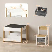 Qaba 3pc Kids Table and Chair Set with Reversible Tabletop Blackboard, Storage & Bookshelves, Natural(m-3)