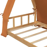 Whimsical Twin House Bed with Detachable Tent and Skylight, Sturdy Kids Wooden Platform Bed with 8 Slats, 79.5" L x 41" W x 63" H, Brown(m-9)