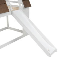 Chic Wood House Bunk Bed with Roof, Ladder and Slide, Kid-Friendly Twin Bed for Bedroom Kids Room, 78.5" L x 41.5" W x 81.5" H, White+Brown(m-13)