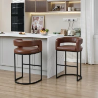 Modern Set of 2 Bar Stools with PU Leather and Curved Backrests, Counter-Height Kitchen Chairs with Metal Legs, 22" L x 21" W x 36" H, Brown(m-11)