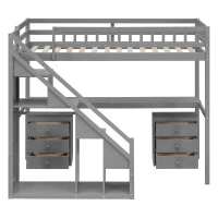 Modern Twin Loft Bed with Desk and Side Staircase, Space-Saving Storage Bed with 2 Drawers and LED Light, 79" L x 59.5" W x 68" H, Gray(m-13)