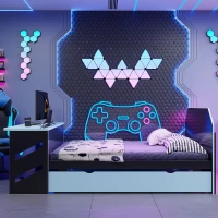 Sleek Full-Size Daybed with Twin Trundle and Desk, Modern Gaming Bed with USB Port and Cable Management, 92" L x 58" W x 35.5" H, Blue(m-1)