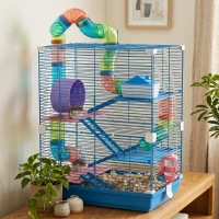 PawHut 5 Tiers Hamster Cage Portable Animal Travel Carrier w/ Exercise Wheels Tube, Blue(m-2)