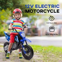 Qaba 12V Kids Dirt Bike, Electric Motorcycle with Twist Grip Throttle, Training Wheels, Rear Suspension & Music, Blue(m-6)