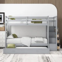 Modern Twin-over-Twin Bunk Bed with Trundle and 4 Storage Drawers, Sturdy Wooden Bed with Side Staircase, 97" L x 42.5" W x 65.5" H, Gray(m-1)