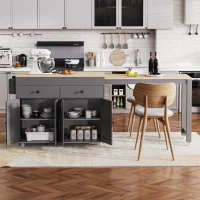 Chic Rolling Kitchen Island with Extendable Dining Table, Space-Saving Storage Cart with 4 Doors and 2 Drawers, 74.5" L x 19.5" W x 36" H, Grey(m-4)