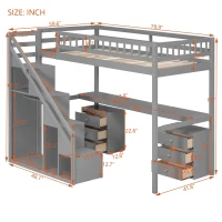Modern Twin Loft Bed with Desk and Side Staircase, Space-Saving Storage Bed with 2 Drawers and LED Light, 79" L x 59.5" W x 68" H, Gray(m-3)