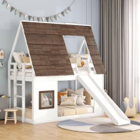 Chic Wood House Bunk Bed with Roof, Ladder and Slide, Kid-Friendly Twin Bed for Bedroom Kids Room, 78.5" L x 41.5" W x 81.5" H, White+Brown(m-1)