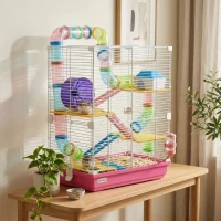 PawHut 5 Tiers Hamster Cage Portable Animal Travel Carrier w/ Exercise Wheels Tube, Pink(m-10)
