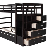Elegant Twin-over-Twin Bunk Bed with Trundle and 4 Storage Drawers, Sturdy Bed with Staircase and Slat Kit, 97" L x 42.5" W x 65.5" H, Espresso(m-7)