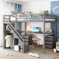 Elegant Full-Size Loft Bed with Desk and 2 Drawers, Chic Storage Bed with Side Staircase and LED Light, 79" L x 74.5" W x 68" H, Gray(m-4)