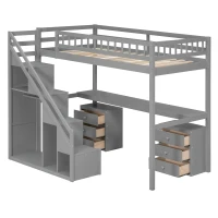 Modern Twin Loft Bed with Desk and Side Staircase, Space-Saving Storage Bed with 2 Drawers and LED Light, 79" L x 59.5" W x 68" H, Gray(m-2)