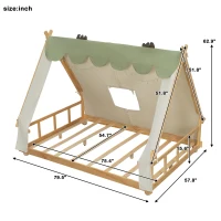Modern Full-Size House Bed with Detachabl Tent, Sturdy Wooden Platform Bed with Skylight and 8 Slats, 79.5" L x 57.5" W x 63" H, White(m-3)