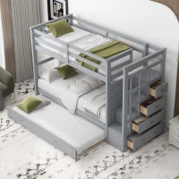 Modern Twin-over-Twin Bunk Bed with Trundle and 4 Storage Drawers, Sturdy Wooden Bed with Side Staircase, 97" L x 42.5" W x 65.5" H, Gray(m-5)