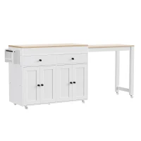 Chic Rolling Kitchen Island with Extendable Dining Table, Space-Saving Storage Cart with 4 Doors and 2 Drawers, 74.5" L x 19.5" W x 36" H, Off White(m-2)