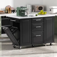 Vintage Rolling Kitchen Island with Drop-Leaf Countertop and Trash Bin, Multifunctional Storage Cart for Kitchen, 50.5" L x 26.5" W x 35.5" H, Black(m-4)