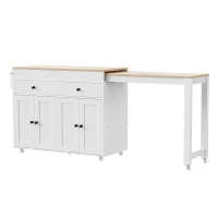 Chic Rolling Kitchen Island with Extendable Dining Table, Space-Saving Storage Cart with 4 Doors and 2 Drawers, 74.5" L x 19.5" W x 36" H, Off White(m-13)