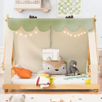 Whimsical Twin House Bed with Detachable Tent and Skylight, Sturdy Kids Wooden Platform Bed with 8 Slats, 79.5" L x 41" W x 63" H, White(m-1)