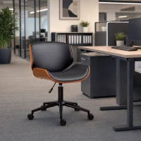 HOMCOM Mid-Century Modern Office Chair No Arms with Wheels, Small Computer Desk Chair with PU Leather Upholstery, Bentwood(m-8)