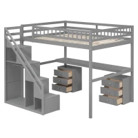 Elegant Full-Size Loft Bed with Desk and 2 Drawers, Chic Storage Bed with Side Staircase and LED Light, 79" L x 74.5" W x 68" H, Gray(m-2)