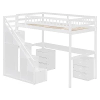 Chic Twin Loft Bed with Desk and 7-Color LED Lights, Space-Saving Storage Bed with 2 Drawers and Stairs, 79" L x 59.5" W x 68" H, White(m-2)