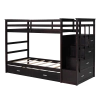 Elegant Twin-over-Twin Bunk Bed with Trundle and 4 Storage Drawers, Sturdy Bed with Staircase and Slat Kit, 97" L x 42.5" W x 65.5" H, Espresso(m-2)
